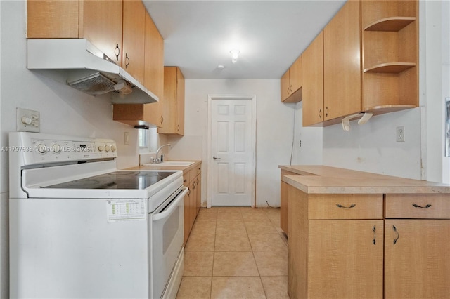 3460 NW 17th St, Lauderhill, FL 33311 - kitchen featuring a sink, open shelves, electric stove, under cabinet range hood, and light countertops