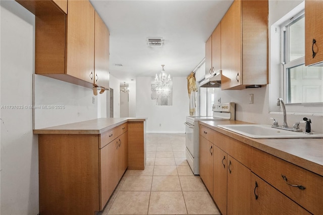 3460 NW 17th St, Lauderhill, FL 33311 - kitchen featuring visible vents, a sink, white range with electric cooktop, a chandelier, and light countertops