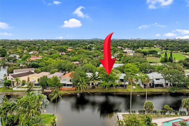 bird's eye view featuring a water view and a residential view