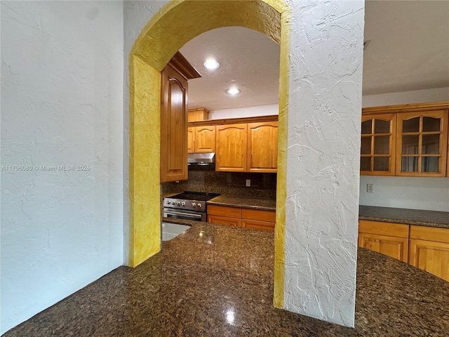 1700 Pierce St Unit 202, Hollywood, FL 33020 - kitchen with stainless steel electric range, a textured wall, arched walkways, dark stone counters, and glass insert cabinets