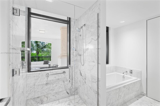 7025 Fisher Island Dr Unit 7025, Miami Beach, FL 33109 - bathroom featuring a bath, a marble finish shower, and marble finish floors