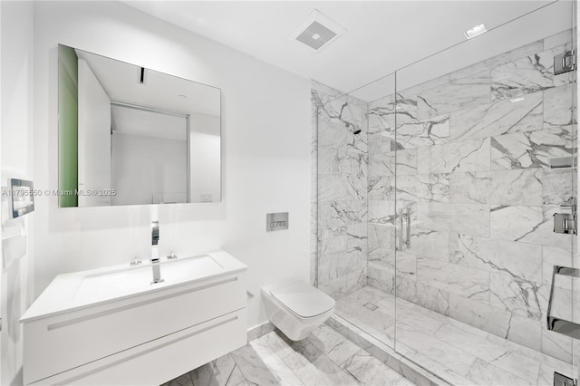 7025 Fisher Island Dr Unit 7025, Miami Beach, FL 33109 - bathroom featuring marble look tiles, a marble finish shower, vanity, and toilet