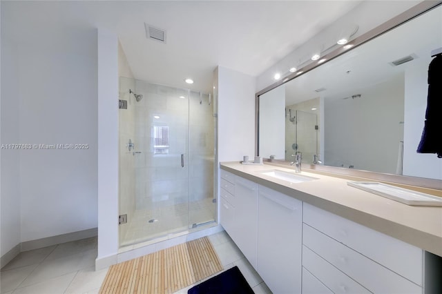 full bathroom featuring vanity, a shower stall, visible vents, and tile patterned floors