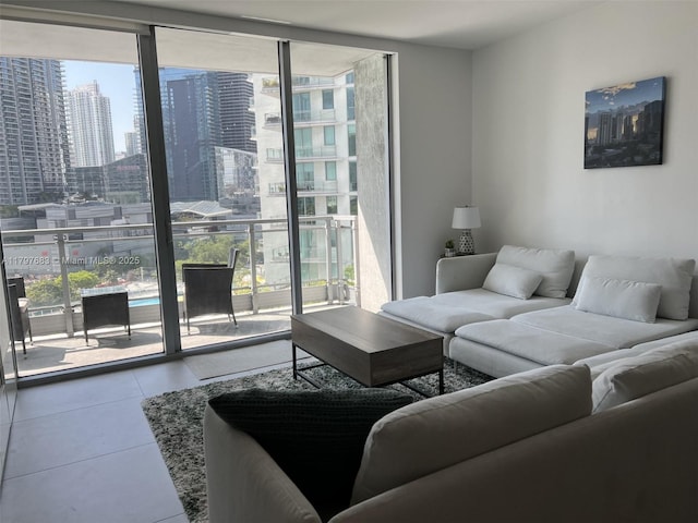 90 SW 3rd St Unit 1514, Miami, FL 33130 - tiled living area featuring a wall of windows and a view of city