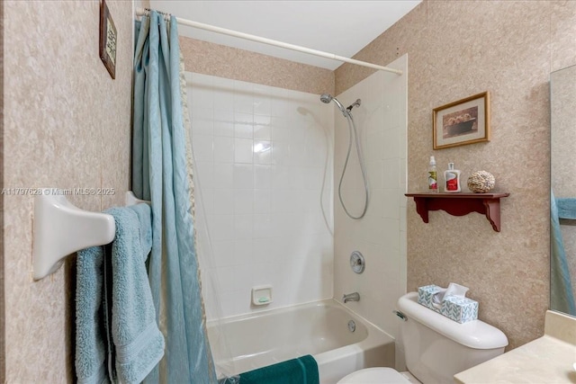 full bathroom with toilet and shower / bathtub combination with curtain