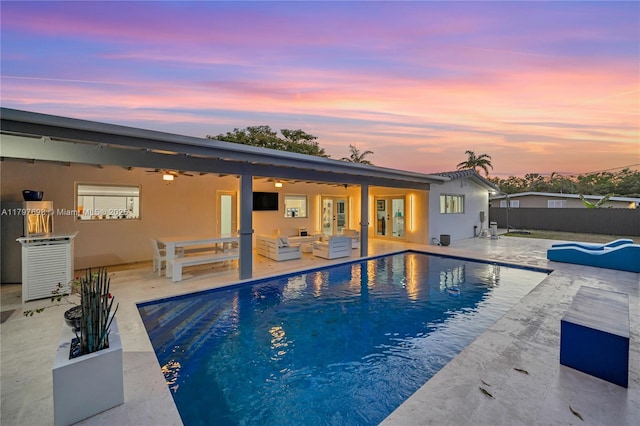 8501 SW 142nd St, Palmetto Bay, FL 33158 - rear view of property featuring an outdoor hangout area, ceiling fan, fence, and a patio