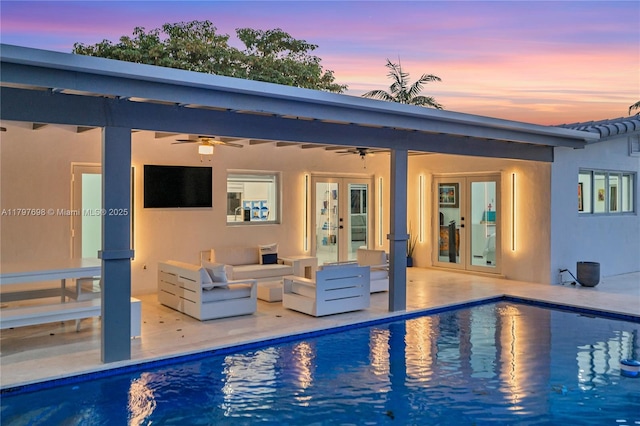 8501 SW 142nd St, Palmetto Bay, FL 33158 - back of property with french doors, a ceiling fan, stucco siding, and a patio area
