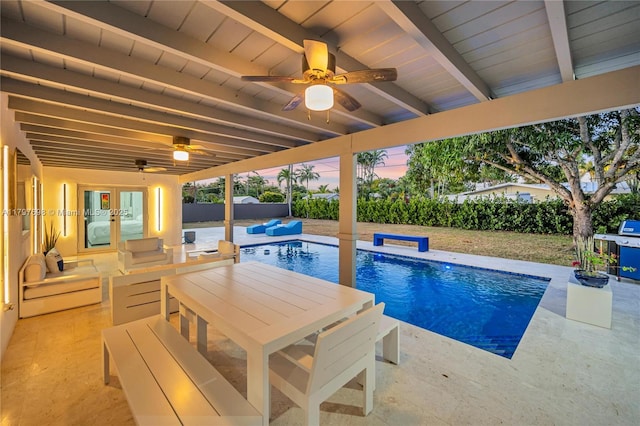 8501 SW 142nd St, Palmetto Bay, FL 33158 - pool at dusk featuring a patio area, french doors, a grill, ceiling fan, and a fenced in pool