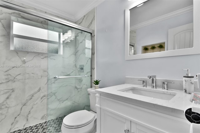 3921 Roosevelt St, Hollywood, FL 33021 - bathroom featuring ornamental molding, a marble finish shower, toilet, and vanity