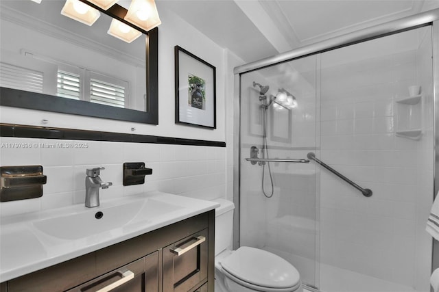 3921 Roosevelt St, Hollywood, FL 33021 - full bath featuring toilet, a stall shower, vanity, tile walls, and crown molding