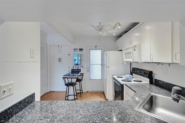 455 Paradise Isle Blvd Unit 209, Hallandale Beach, FL 33009 - kitchen featuring electric range oven, light wood finished floors, ceiling fan, a sink, and white microwave