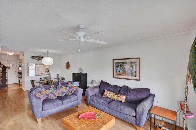 455 Paradise Isle Blvd Unit 209, Hallandale Beach, FL 33009 - living room with crown molding, light wood finished floors, and ceiling fan