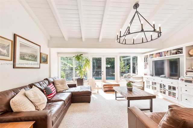 1254 Andalusia Ave, Coral Gables, FL 33134 - carpeted living room with french doors, a chandelier, and wood ceiling