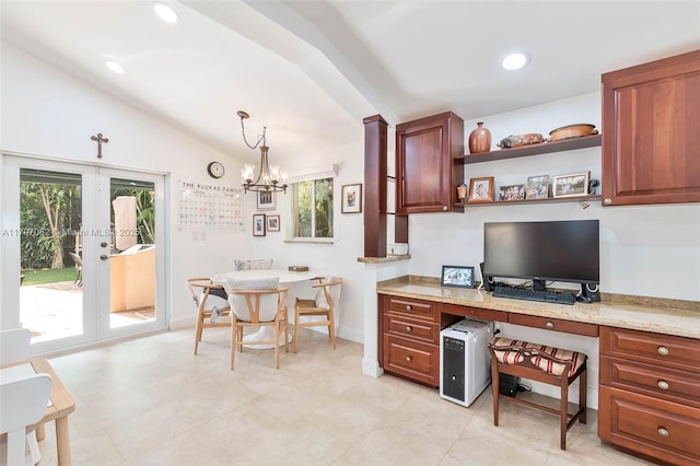 1254 Andalusia Ave, Coral Gables, FL 33134 - home office featuring french doors, lofted ceiling, a chandelier, recessed lighting, and baseboards