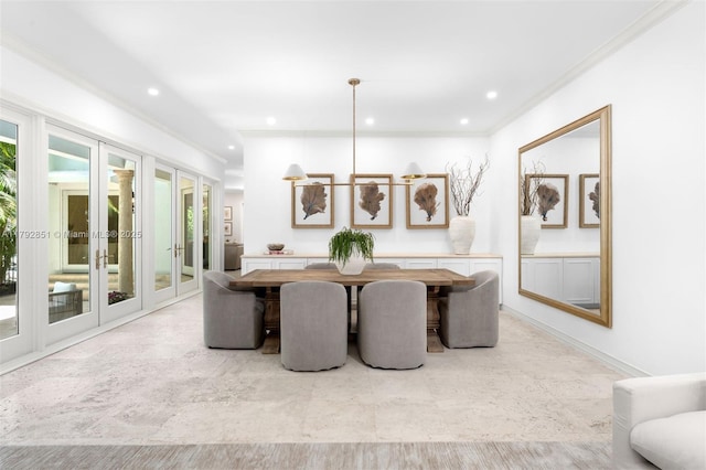 dining space featuring recessed lighting, french doors, and crown molding