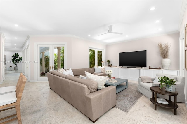 living room featuring crown molding, french doors, and recessed lighting