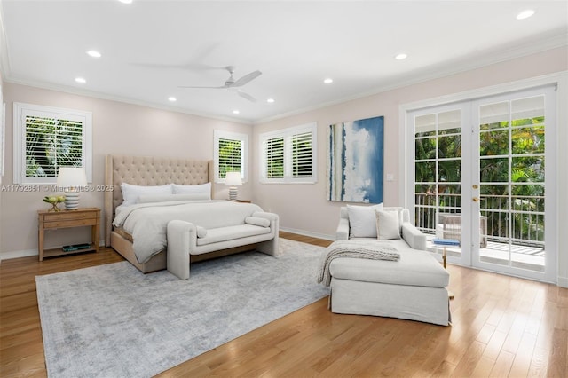 bedroom with french doors, light wood-style flooring, baseboards, crown molding, and access to exterior