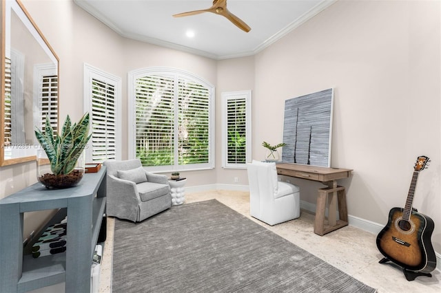 office space featuring crown molding, baseboards, a ceiling fan, and recessed lighting