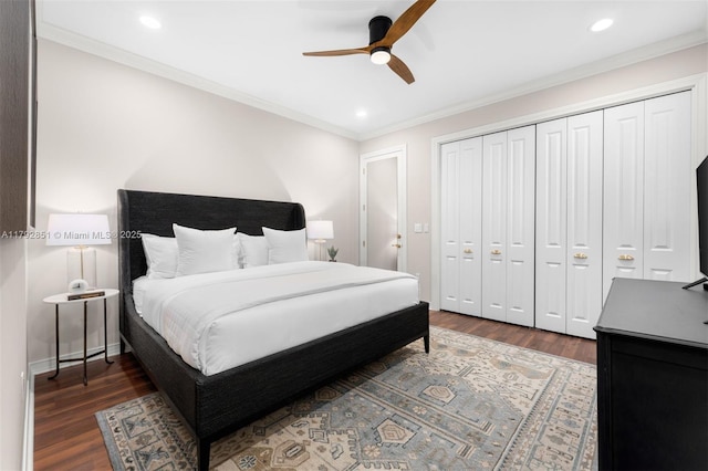 bedroom featuring crown molding, recessed lighting, and wood finished floors