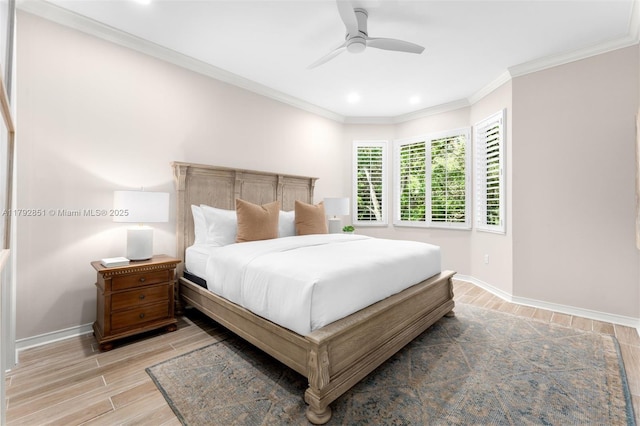 bedroom featuring crown molding, wood finish floors, baseboards, and recessed lighting