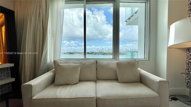 1100 W Ave Unit 1108, Miami Beach, FL 33139 - living area with a wealth of natural light, a water view, and baseboards