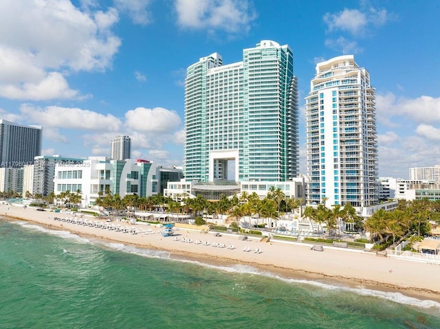 bird's eye view with a water view, a city view, and a view of the beach