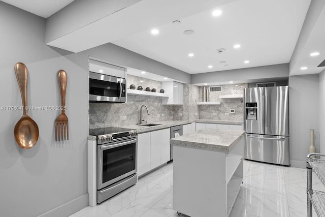 kitchen with a sink, open shelves, white cabinetry, modern cabinets, and appliances with stainless steel finishes