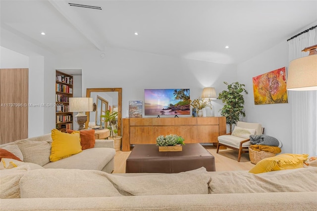 7560 SW 144th St, Palmetto Bay, FL 33158 - living room featuring visible vents, wood finished floors, vaulted ceiling with beams, and recessed lighting