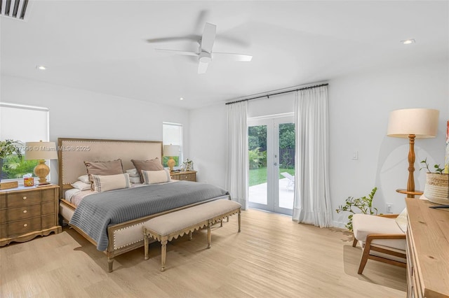 7560 SW 144th St, Palmetto Bay, FL 33158 - bedroom with visible vents, light wood-style flooring, access to exterior, and ceiling fan
