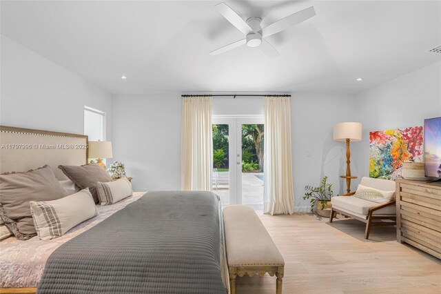 7560 SW 144th St, Palmetto Bay, FL 33158 - bedroom featuring ceiling fan, light wood-style flooring, access to outside, and recessed lighting