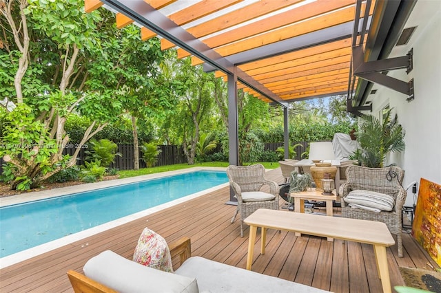 7560 SW 144th St, Palmetto Bay, FL 33158 - view of pool featuring a fenced backyard, a deck, a fenced in pool, and an outdoor living space