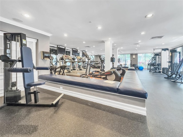 gym with visible vents, baseboards, ornamental molding, and recessed lighting
