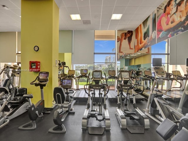 workout area featuring a drop ceiling and floor to ceiling windows