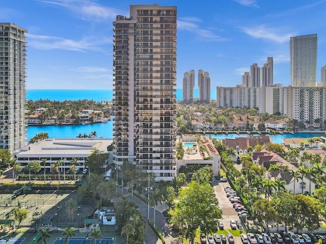 exterior space with a water view