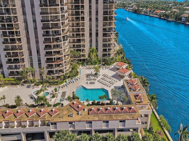 drone / aerial view featuring a water view
