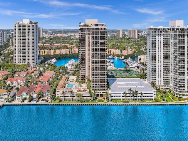 drone / aerial view featuring a water view and a view of city