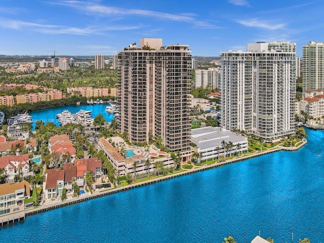 bird's eye view featuring a city view and a water view