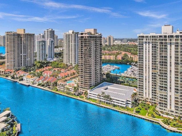 aerial view featuring a water view and a view of city