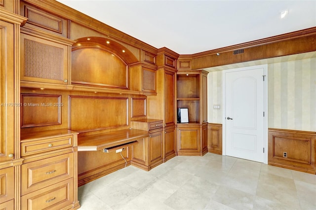 19667 Turnberry Way Unit 16Gr, Aventura, FL 33180 - unfurnished office with a decorative wall, wainscoting, wallpapered walls, and crown molding