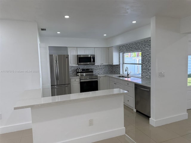 kitchen featuring appliances with stainless steel finishes, a sink, decorative backsplash, white cabinets, and light tile patterned floors