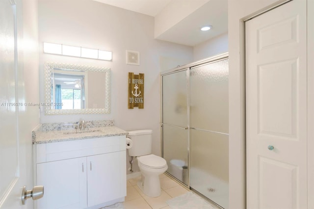 full bathroom with a stall shower, toilet, visible vents, tile patterned floors, and vanity