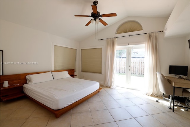 bedroom featuring light tile patterned floors, vaulted ceiling, a ceiling fan, and access to exterior