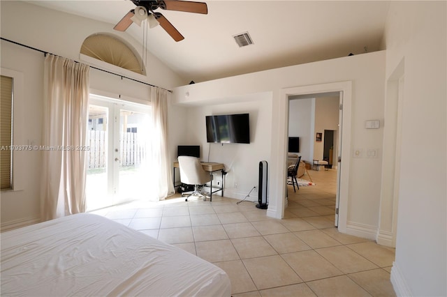 bedroom with light tile patterned flooring, access to outside, french doors, and visible vents