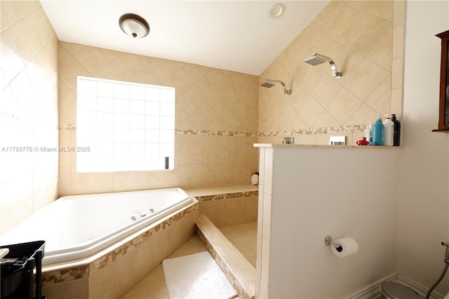full bath featuring walk in shower, a bath, tile walls, and tile patterned flooring