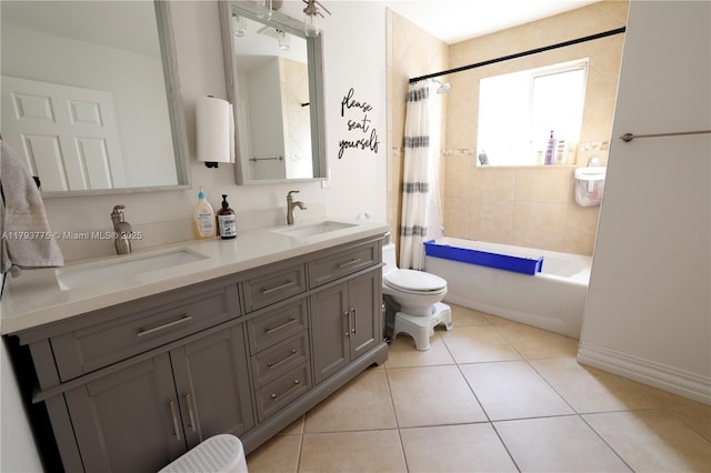 full bath featuring toilet, tile patterned floors, a sink, and shower / bathtub combination with curtain