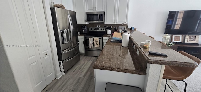 531 SW 147th Ave Unit 2-4, Pembroke Pines, FL 33027 - kitchen with stainless steel appliances, a peninsula, wood finished floors, white cabinets, and a sink