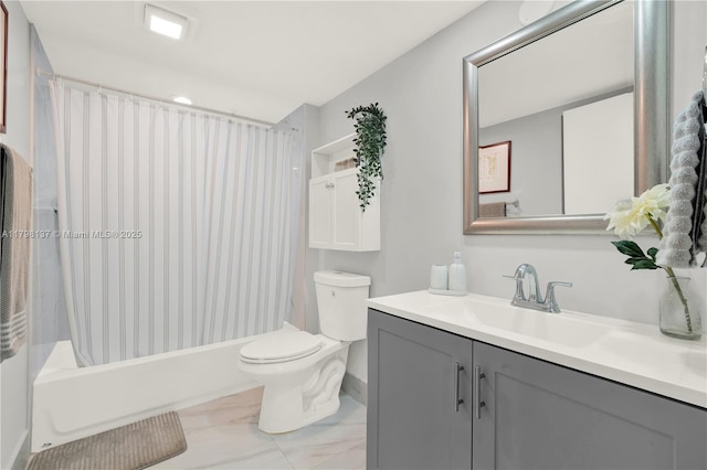 full bathroom featuring marble look tiles, toilet, vanity, and shower / tub combo with curtain