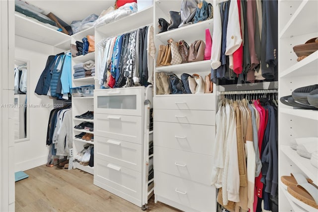walk in closet with wood finished floors