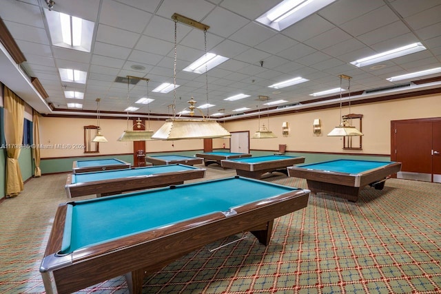 1401 SW 128th Ter Unit 305H, Pembroke Pines, FL 33027 - rec room featuring pool table, carpet floors, and a drop ceiling