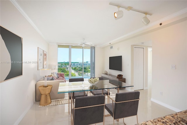2665 SW 37th Ave Unit 1506, Miami, FL 33133 - tiled dining area with rail lighting, a ceiling fan, floor to ceiling windows, and crown molding